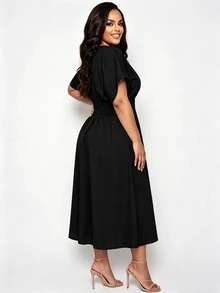 Poshavie Poshavie Plus-Size Women's Casual Elegant Slimming Dress, Stretchy Waist-Cinching Design, Suitable For Everyday Wear. Date Night Party Black - Black - View 2