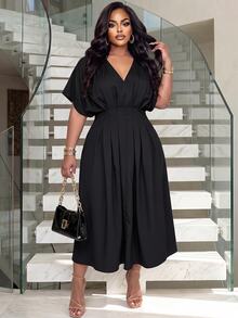 Poshavie Poshavie Plus-Size Women's Casual Elegant Slimming Dress, Stretchy Waist-Cinching Design, Suitable For Everyday Wear. Date Night Party Black - Black - View 3