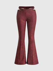 ACID BLVD Fall/Winter Y2K Sexy Hip-Cutout Textured PU Skinny Flare Pants - Burgundy - View 2