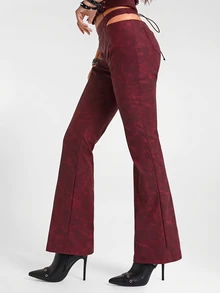 ACID BLVD Fall/Winter Y2K Sexy Hip-Cutout Textured PU Skinny Flare Pants - Burgundy - View 1
