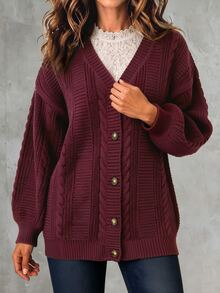 Linhara CURVE Plus Size Women's Cable Knit Drop Shoulder Long Sleeve Casual Cardigan - Burgundy - View 5
