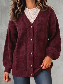 Linhara CURVE Plus Size Women's Cable Knit Drop Shoulder Long Sleeve Casual Cardigan - Burgundy - View 3