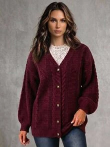 Linhara CURVE Plus Size Women's Cable Knit Drop Shoulder Long Sleeve Casual Cardigan - Burgundy - View 1