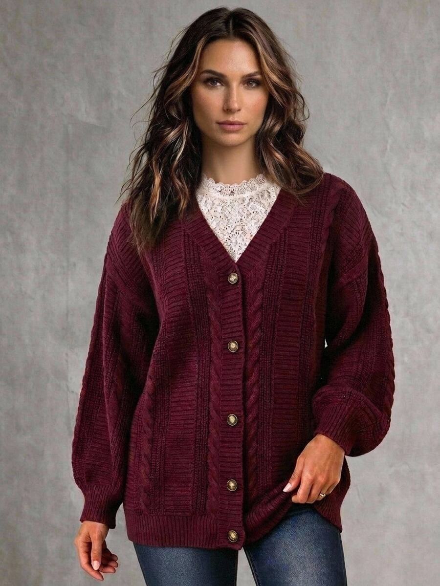 Linhara CURVE Plus Size Women's Cable Knit Drop Shoulder Long Sleeve Casual Cardigan - Burgundy - View 1