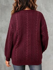 Linhara CURVE Plus Size Women's Cable Knit Drop Shoulder Long Sleeve Casual Cardigan - Burgundy - View 2
