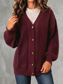 Linhara CURVE Plus Size Women's Cable Knit Drop Shoulder Long Sleeve Casual Cardigan - Burgundy - View 4