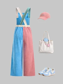 SHEIN 少女款抓絨秋季服飾 秋冬/冬季 羅紋燈芯絨可調扣彈性腰連身褲，適合秋冬穿著，日常穿搭 - 彩色 - 查看 2
