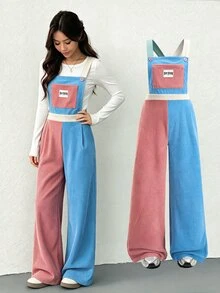 SHEIN 少女款抓絨秋季服飾 秋冬/冬季 羅紋燈芯絨可調扣彈性腰連身褲，適合秋冬穿著，日常穿搭 - 彩色 - 查看 1