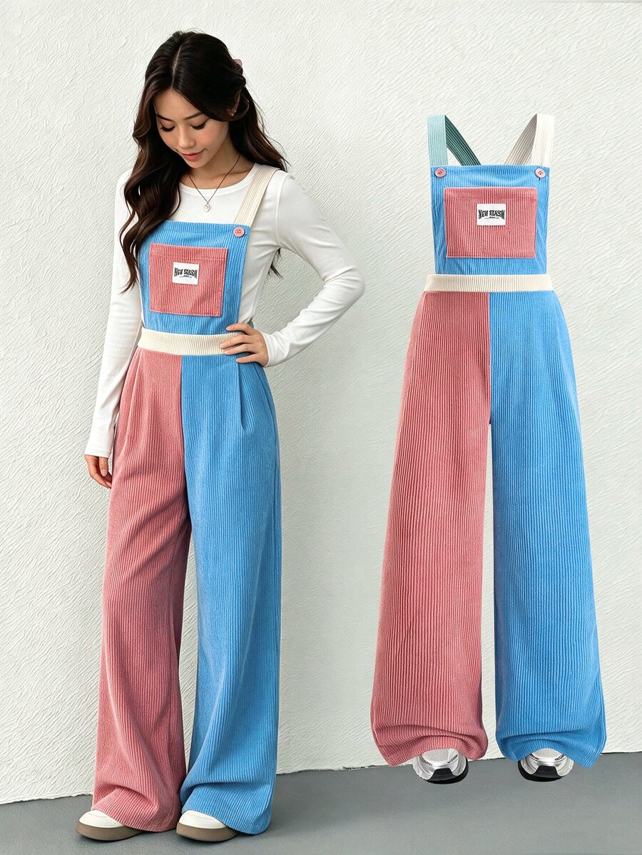 SHEIN 少女款抓絨秋季服飾 秋冬/冬季 羅紋燈芯絨可調扣彈性腰連身褲,適合秋冬穿著,日常穿搭 - 彩色 - 查看 1
