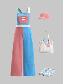 SHEIN 少女款抓絨秋季服飾 秋冬/冬季 羅紋燈芯絨可調扣彈性腰連身褲，適合秋冬穿著，日常穿搭 - 彩色 - 查看 3