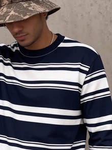 Resyla Men Autumn Outdoor Top, Men's Fitted Long Sleeve T-Shirt, Classic Blue And White Striped Print Pattern, Pattern Design, Casual Versatile, Fitted Style - Multicolor - View 5
