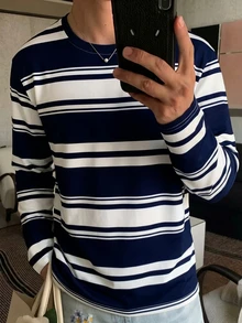 Resyla Men Autumn Outdoor Top, Men's Fitted Long Sleeve T-Shirt, Classic Blue And White Striped Print Pattern, Pattern Design, Casual Versatile, Fitted Style - Multicolor - View 1