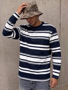 Resyla Men Autumn Outdoor Top, Men's Fitted Long Sleeve T-Shirt, Classic Blue And White Striped Print Pattern, Pattern Design, Casual Versatile, Fitted Style - Multicolor - View 3