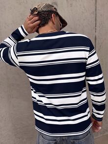 Resyla Men Autumn Outdoor Top, Men's Fitted Long Sleeve T-Shirt, Classic Blue And White Striped Print Pattern, Pattern Design, Casual Versatile, Fitted Style - Multicolor - View 2