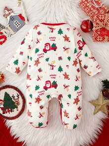 SHEIN 1件裝聖誕新生兒連身衣，節慶假期氛圍，可愛卡通聖誕老人、雪人、聖誕樹、禮物、薑餅人、星星元素印花，柔軟舒適肩帶長袖連腳連身衣，爬行服，居家休閒服 - 紅色 - 查看 2