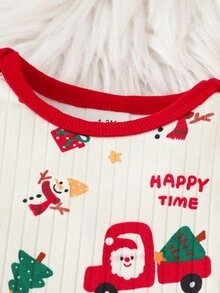 SHEIN 1件裝聖誕新生兒連身衣，節慶假期氛圍，可愛卡通聖誕老人、雪人、聖誕樹、禮物、薑餅人、星星元素印花，柔軟舒適肩帶長袖連腳連身衣，爬行服，居家休閒服 - 紅色 - 查看 6
