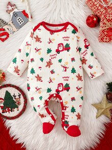 SHEIN 1件裝聖誕新生兒連身衣，節慶假期氛圍，可愛卡通聖誕老人、雪人、聖誕樹、禮物、薑餅人、星星元素印花，柔軟舒適肩帶長袖連腳連身衣，爬行服，居家休閒服 - 紅色 - 查看 8