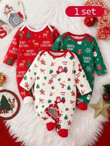 SHEIN 1件裝聖誕新生兒連身衣，節慶假期氛圍，可愛卡通聖誕老人、雪人、聖誕樹、禮物、薑餅人、星星元素印花，柔軟舒適肩帶長袖連腳連身衣，爬行服，居家休閒服 - 紅色 - 查看 7