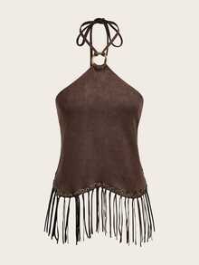 Opulessa Summer Beach Night Out Vacation Festival Casual Boho Women's Solid Color Fringe Halter Top Fall Outfits Sexy Party Elegant Dark Brown - Coffee Brown - View 4