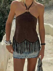 Opulessa Summer Beach Night Out Vacation Festival Casual Boho Women's Solid Color Fringe Halter Top Fall Outfits Sexy Party Elegant Dark Brown - Coffee Brown - View 3