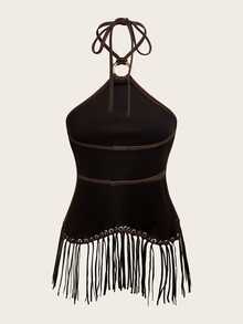 Opulessa Summer Beach Night Out Vacation Festival Casual Boho Women's Solid Color Fringe Halter Top Fall Outfits Sexy Party Elegant Dark Brown - Coffee Brown - View 5