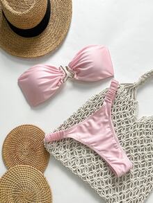 SHEIN Swim Summer 2 Pieces Women Bandeau Top & Tie Waist Bottoms Pink Bikini Set With Metal Accent - Pink - View 3
