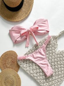 SHEIN Swim Summer 2 Pieces Women Bandeau Top & Tie Waist Bottoms Pink Bikini Set With Metal Accent - Pink - View 2