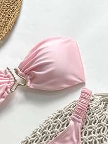 SHEIN Swim Summer 2 Pieces Women Bandeau Top & Tie Waist Bottoms Pink Bikini Set With Metal Accent - Pink - View 5