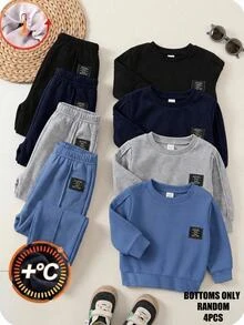 SHEIN 4件組兒童青少年男孩休閒秋冬純色鬆緊腰長褲，男孩慢跑長褲百搭多件組 - 彩色 - 查看 1