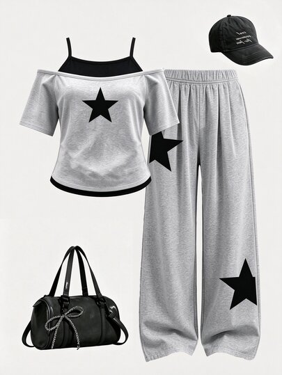 Girls' Fresh Minimalist Pentagram Graphic Print 2 In 1 Off-Shoulder Spaghetti Strap Short Sleeve T-Shirt & Wide Leg Pants Set, Chill, Kawaii, Cozy Fall & Winter Styles