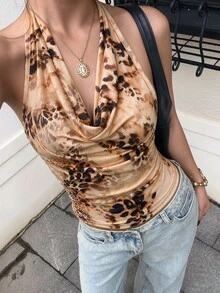 Coastalzia Women's Fashion Sexy Casual Brown Print Draped Neck Top Club Night Party Summer - Apricot - View 1