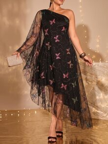 Cravure Plus Size Multi-Color Sequin Embroidered Butterfly Mesh Fabric Asymmetric Neck Asymmetrical Hem Long Sleeve Elegant Evening Dress For Outing, Dating, Party And Banquet - Black - View 8
