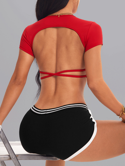 Slayform Slayform Women's Fashionable Backless Hollow-Out Slim Fit Short Active T-Shirt Athletic Sexy Sets Clothing Workout 1 Piece Set Top Gym Shirts Red Summer