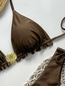 SHEIN Swim Springbreak Women Summer Solid Color Spaghetti Strap Metal Shell Decor Side-Tie Simple Bikini Set - Coffee Brown - View 4