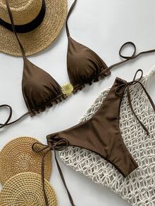 SHEIN Swim Springbreak Women Summer Solid Color Spaghetti Strap Metal Shell Decor Side-Tie Simple Bikini Set - Coffee Brown - View 3