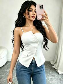 Elenzga 2025 New Blue Asymmetric Design Fashionable Versatile Commuting Casual Cinched Waist Camisole - White - View 1