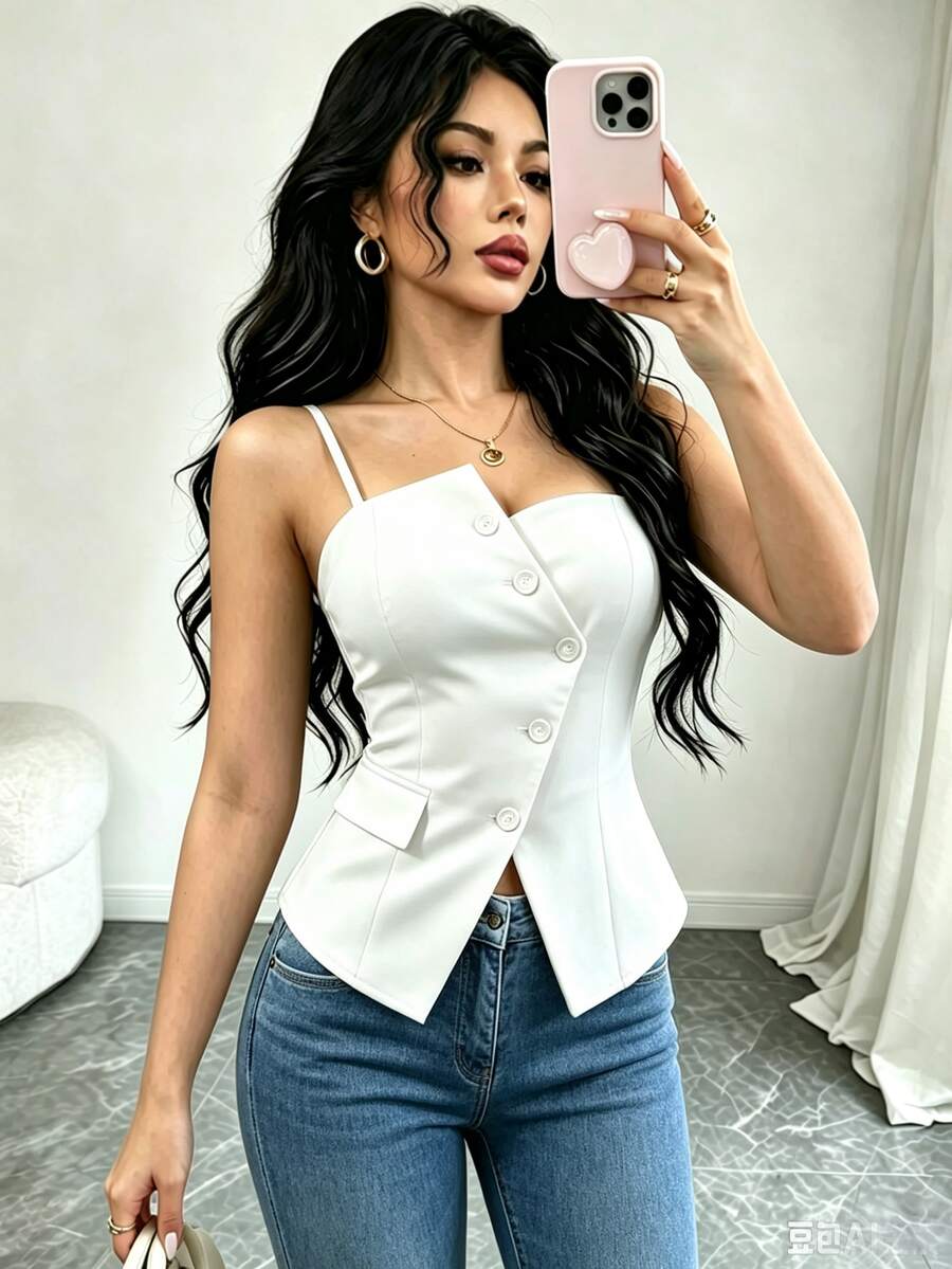 Elenzga 2025 New Blue Asymmetric Design Fashionable Versatile Commuting Casual Cinched Waist Camisole - White - View 1
