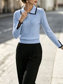 SHEIN Women's Colorblock Polo Collar Long Sleeve Casual Versatile Sweater - Baby Blue - View 5