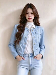 Tideelle Korean Style Button Fashion Long Sleeve Tweed Jacket - Blue - View 3
