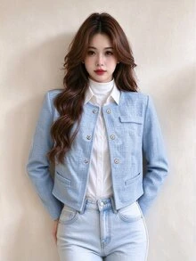Tideelle Korean Style Button Fashion Long Sleeve Tweed Jacket - Blue - View 5