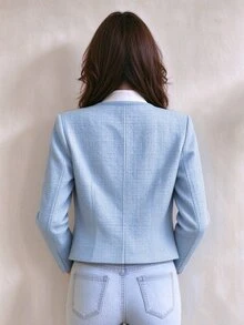 Tideelle Korean Style Button Fashion Long Sleeve Tweed Jacket - Blue - View 2