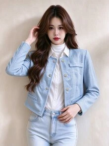 Tideelle Korean Style Button Fashion Long Sleeve Tweed Jacket - Blue - View 6