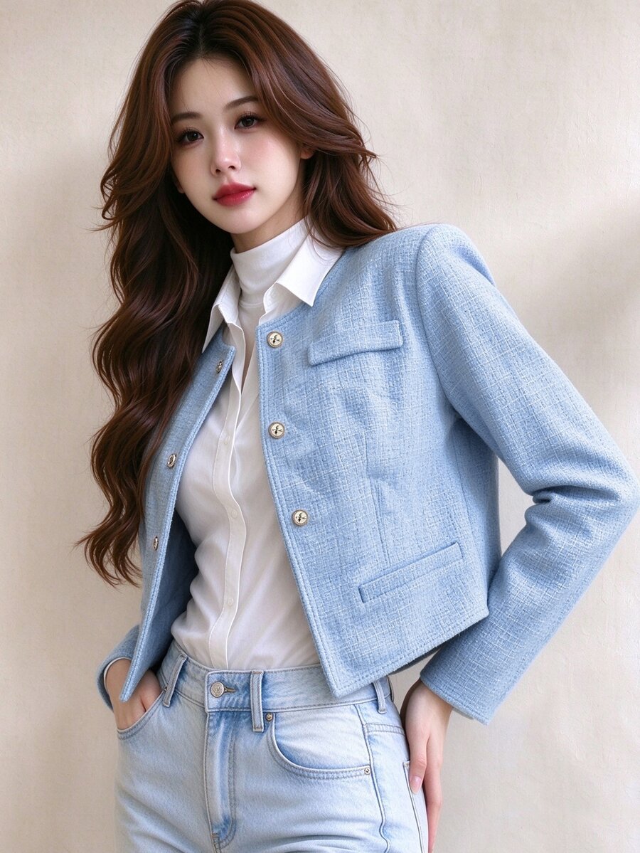 Tideelle Korean Style Button Fashion Long Sleeve Tweed Jacket - Blue - View 1