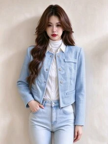 Tideelle Korean Style Button Fashion Long Sleeve Tweed Jacket - Blue - View 4