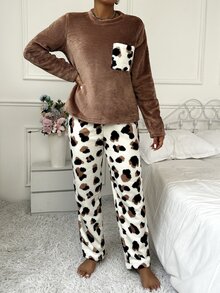 Leopard Print Flannel Long Sleeve Top & Pants Fluffy Pajamas Set Cozy And Elegant Details, Fall Winter Clothes - Multicolor - View 3