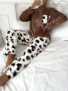 Leopard Print Flannel Long Sleeve Top & Pants Fluffy Pajamas Set Cozy And Elegant Details, Fall Winter Clothes - Multicolor - View 5