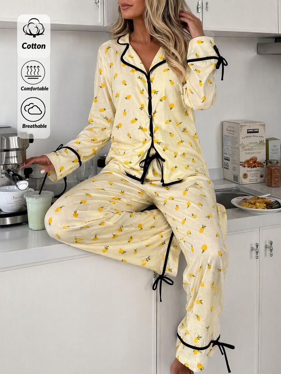 SHEIN Women Yellow Lemon Print Long Sleeve Pajama Set With Contrast Trim, Button Front Top And Straight Leg Pants, Casual Sleepwear Pajama Set - Yellow - View 1