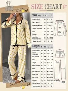 SHEIN Women Yellow Lemon Print Long Sleeve Pajama Set With Contrast Trim, Button Front Top And Straight Leg Pants, Casual Sleepwear Pajama Set - Yellow - View 5