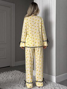 SHEIN Women Yellow Lemon Print Long Sleeve Pajama Set With Contrast Trim, Button Front Top And Straight Leg Pants, Casual Sleepwear Pajama Set - Yellow - View 2