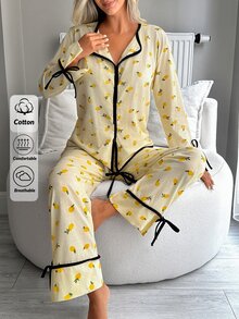 SHEIN Women Yellow Lemon Print Long Sleeve Pajama Set With Contrast Trim, Button Front Top And Straight Leg Pants, Casual Sleepwear Pajama Set - Yellow - View 7